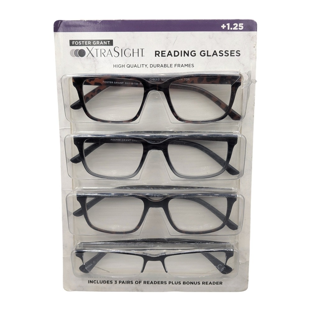 Foster Grant XtraSight Reading Glasses 4 Pack +1.25 Diopter Assorted Colors
